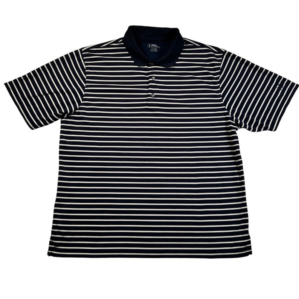 PGA Tour Shirt Men's Short Sleeve Striped Polyester Polo Golf Blue Tan XL